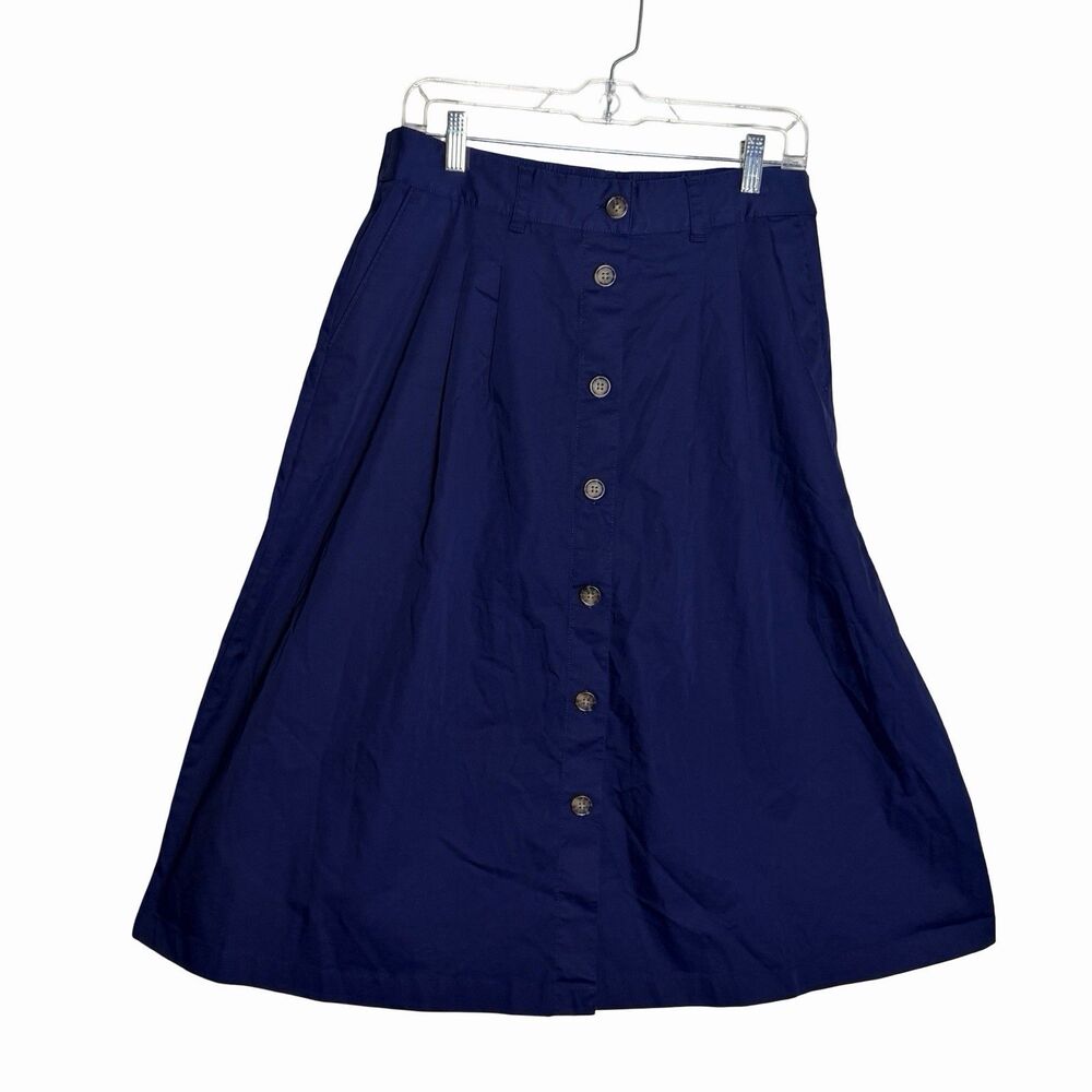 Land's End Midi Skirt Women's Sz 12 A Line Button Front Navy Blue Modest Preppy